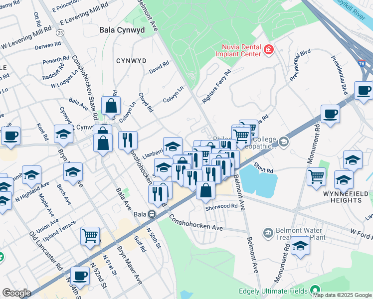 map of restaurants, bars, coffee shops, grocery stores, and more near 38 Clwyd Road in Bala Cynwyd