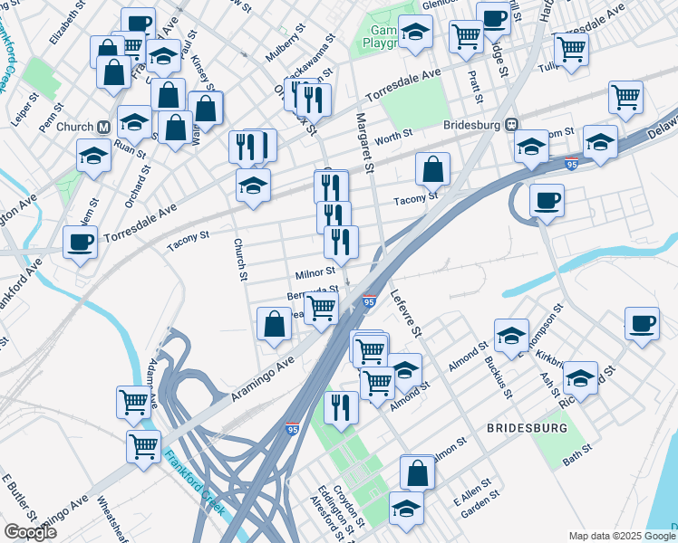 map of restaurants, bars, coffee shops, grocery stores, and more near 2372 Orthodox Street in Philadelphia