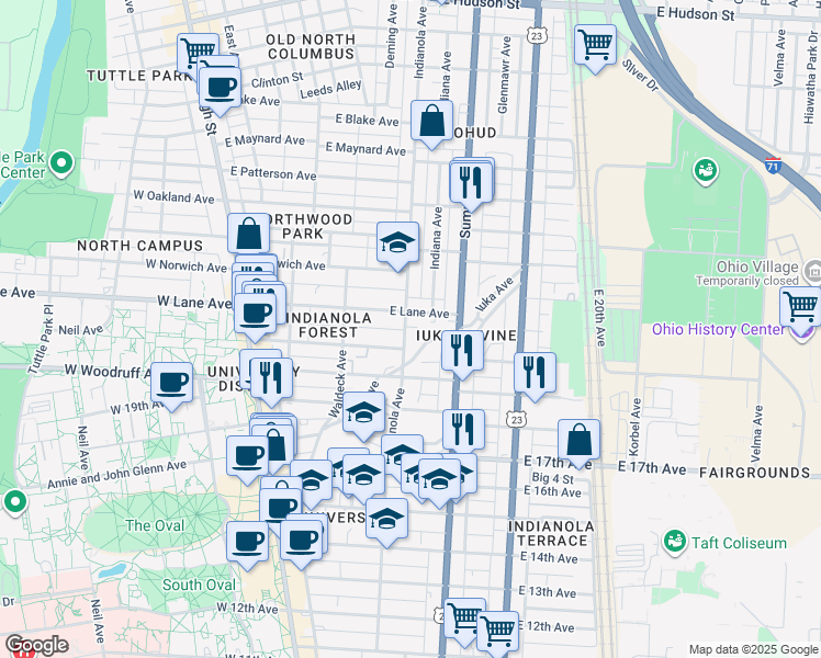 map of restaurants, bars, coffee shops, grocery stores, and more near 2047 Iuka Avenue in Columbus