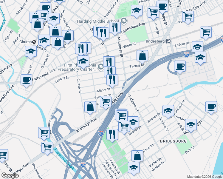 map of restaurants, bars, coffee shops, grocery stores, and more near 2380 Orthodox Street in Philadelphia