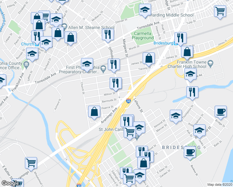 map of restaurants, bars, coffee shops, grocery stores, and more near 2372 Orthodox Street in Philadelphia