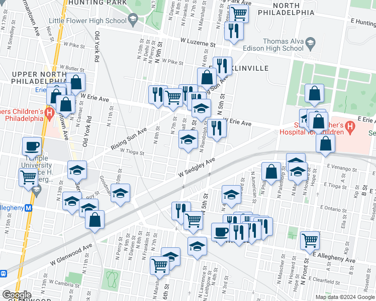 map of restaurants, bars, coffee shops, grocery stores, and more near 3528 North 6th Street in Philadelphia