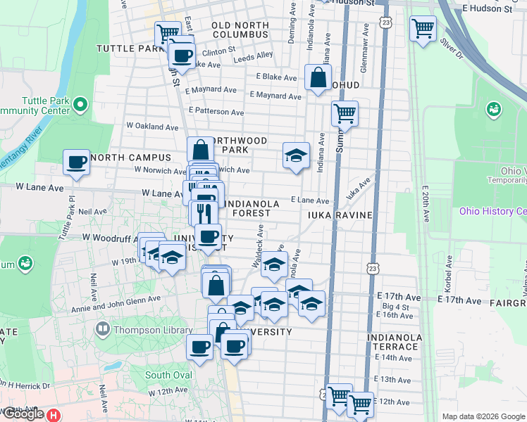 map of restaurants, bars, coffee shops, grocery stores, and more near in Columbus