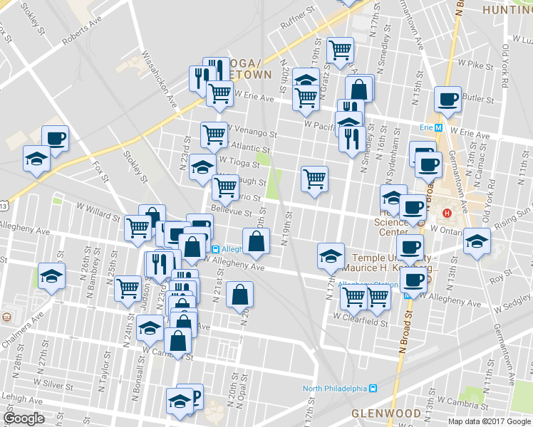 map of restaurants, bars, coffee shops, grocery stores, and more near 3335 North 20th Street in Philadelphia