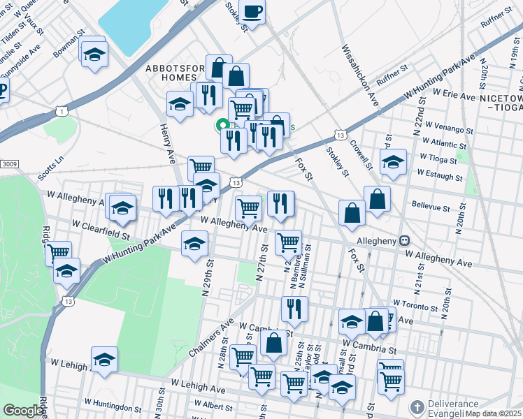 map of restaurants, bars, coffee shops, grocery stores, and more near 3236 North Etting Street in Philadelphia