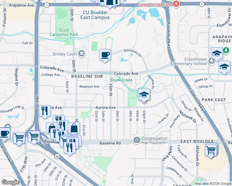 map of restaurants, bars, coffee shops, grocery stores, and more near 995 36th Street in Boulder