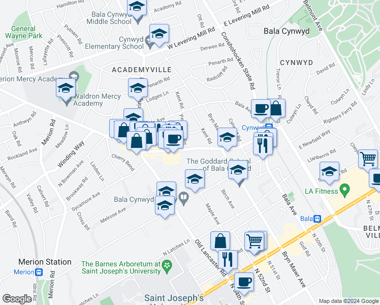 map of restaurants, bars, coffee shops, grocery stores, and more near 124 Montgomery Avenue in Bala Cynwyd