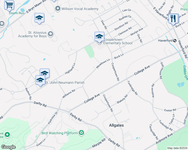 map of restaurants, bars, coffee shops, grocery stores, and more near 33 Meadows Lane in Haverford