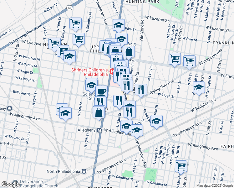 map of restaurants, bars, coffee shops, grocery stores, and more near 1225 West Ontario Street in Philadelphia
