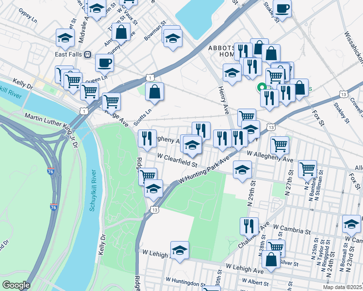 map of restaurants, bars, coffee shops, grocery stores, and more near 3304 West Allegheny Avenue in Philadelphia