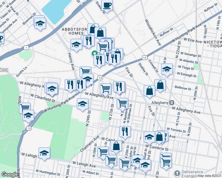 map of restaurants, bars, coffee shops, grocery stores, and more near 3236 North Etting Street in Philadelphia
