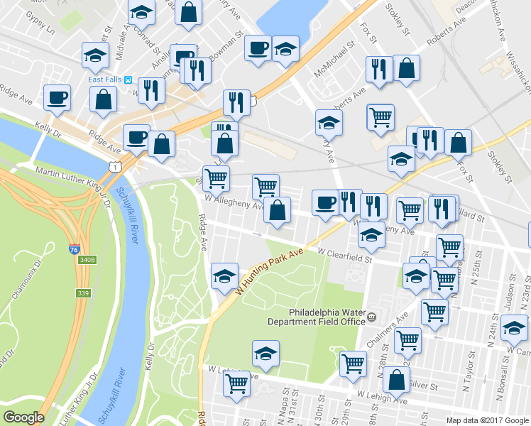 map of restaurants, bars, coffee shops, grocery stores, and more near 3304 West Allegheny Avenue in Philadelphia