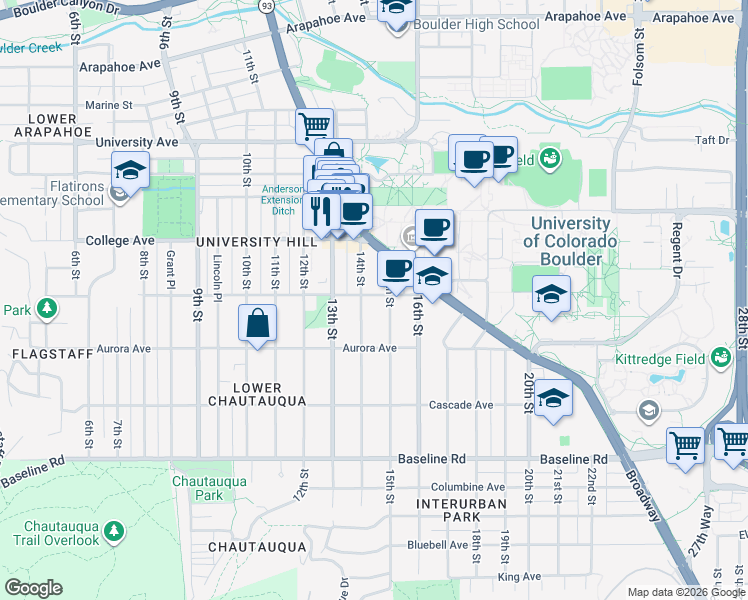 map of restaurants, bars, coffee shops, grocery stores, and more near 1420 Euclid Avenue in Boulder