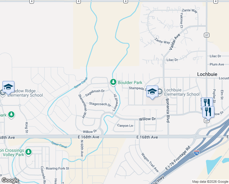 map of restaurants, bars, coffee shops, grocery stores, and more near 242 Lonewolf Drive in Lochbuie