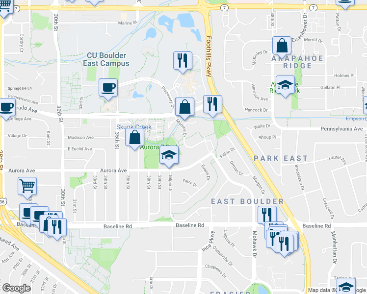 map of restaurants, bars, coffee shops, grocery stores, and more near 4110 Monroe Drive in Boulder