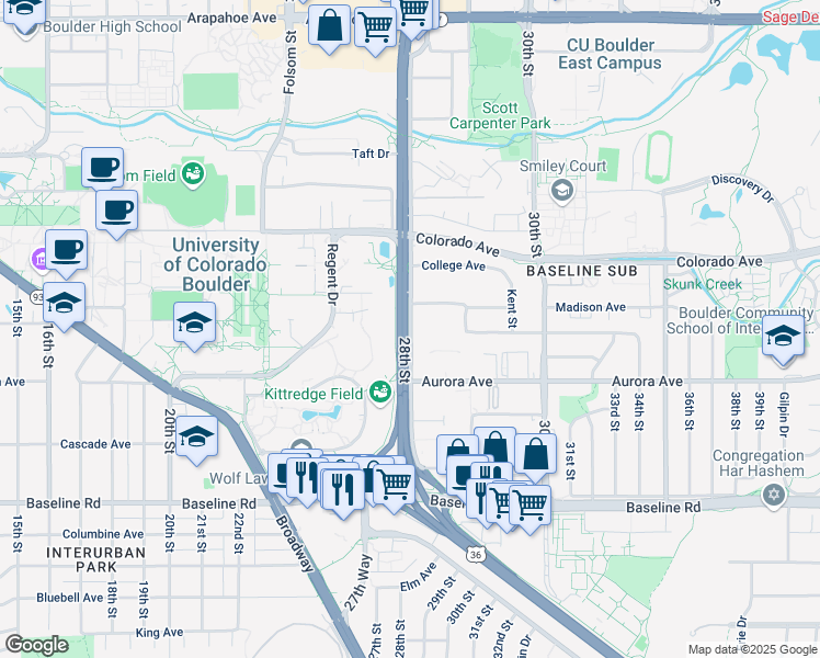 map of restaurants, bars, coffee shops, grocery stores, and more near 930 28th Street Frontage Road in Boulder