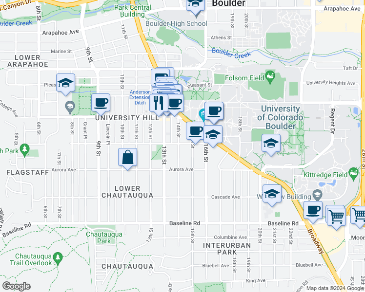 map of restaurants, bars, coffee shops, grocery stores, and more near in Boulder