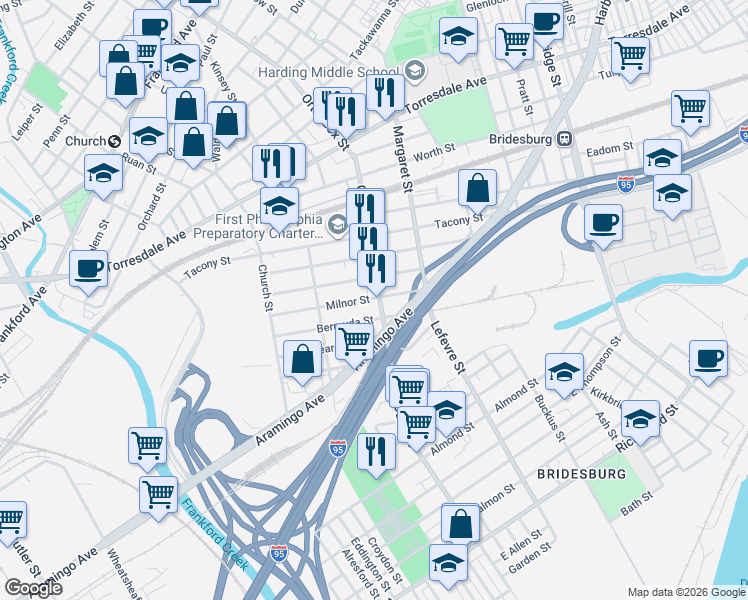 map of restaurants, bars, coffee shops, grocery stores, and more near 2380 Orthodox Street in Philadelphia