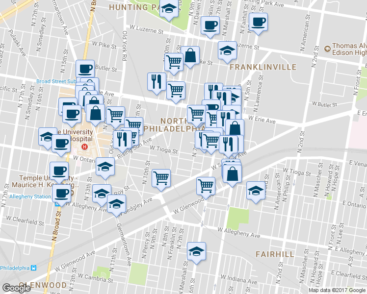 map of restaurants, bars, coffee shops, grocery stores, and more near 801 West Tioga Street in Philadelphia