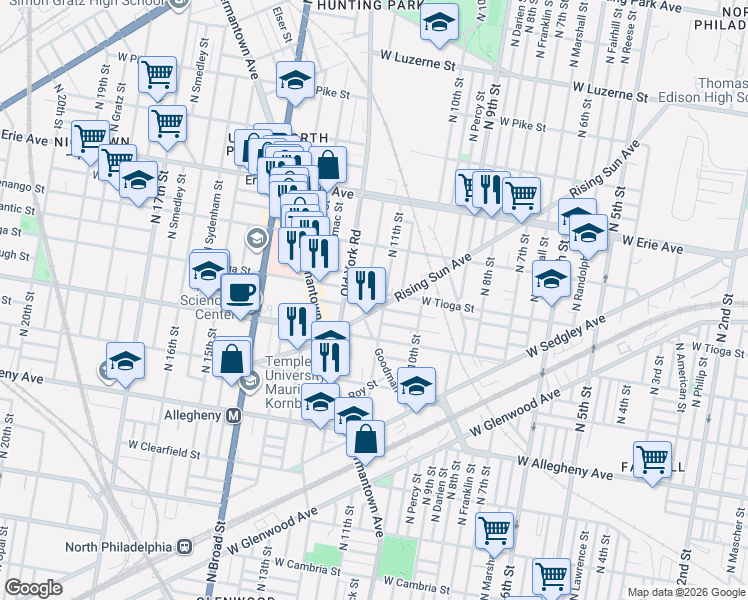 map of restaurants, bars, coffee shops, grocery stores, and more near 1109 Rising Sun Avenue in Philadelphia