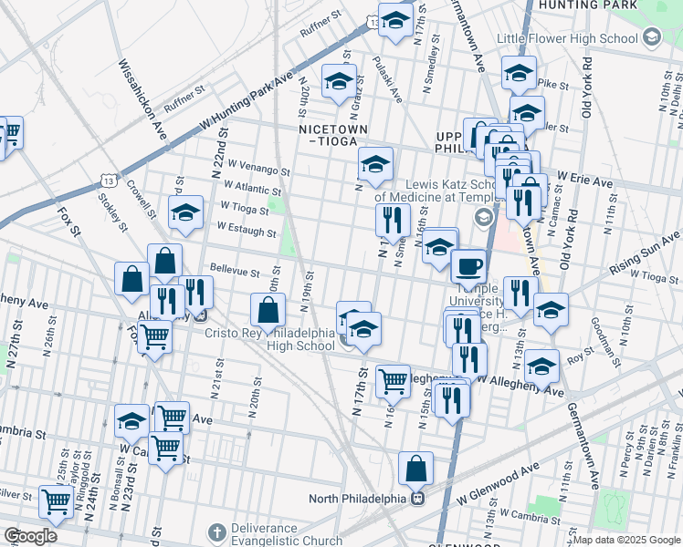 map of restaurants, bars, coffee shops, grocery stores, and more near 3342 North 18th Street in Philadelphia