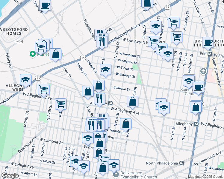 map of restaurants, bars, coffee shops, grocery stores, and more near 2131 West Westmoreland Street in Philadelphia