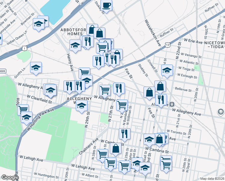 map of restaurants, bars, coffee shops, grocery stores, and more near 3223 North Etting Street in Philadelphia