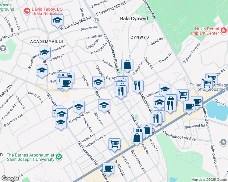 map of restaurants, bars, coffee shops, grocery stores, and more near 200 Bala Avenue in Bala Cynwyd