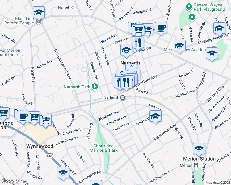 map of restaurants, bars, coffee shops, grocery stores, and more near 100 North Essex Avenue in Narberth