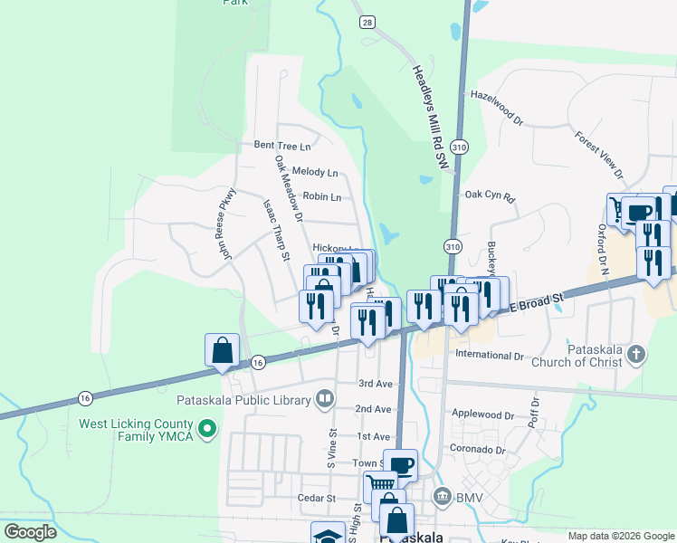 map of restaurants, bars, coffee shops, grocery stores, and more near 128 Oak Meadow Drive in Pataskala