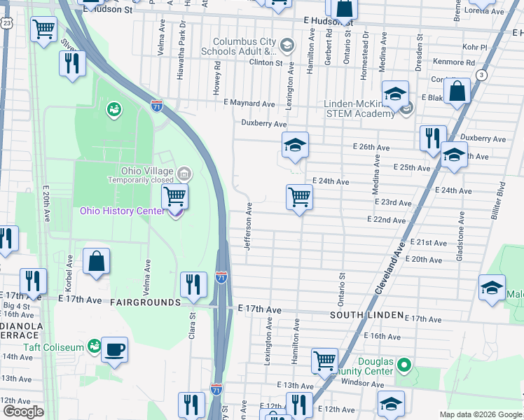 map of restaurants, bars, coffee shops, grocery stores, and more near 1007 East 22nd Avenue in Columbus