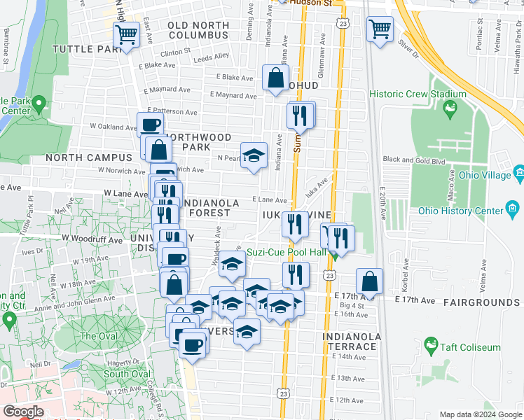 map of restaurants, bars, coffee shops, grocery stores, and more near in Columbus