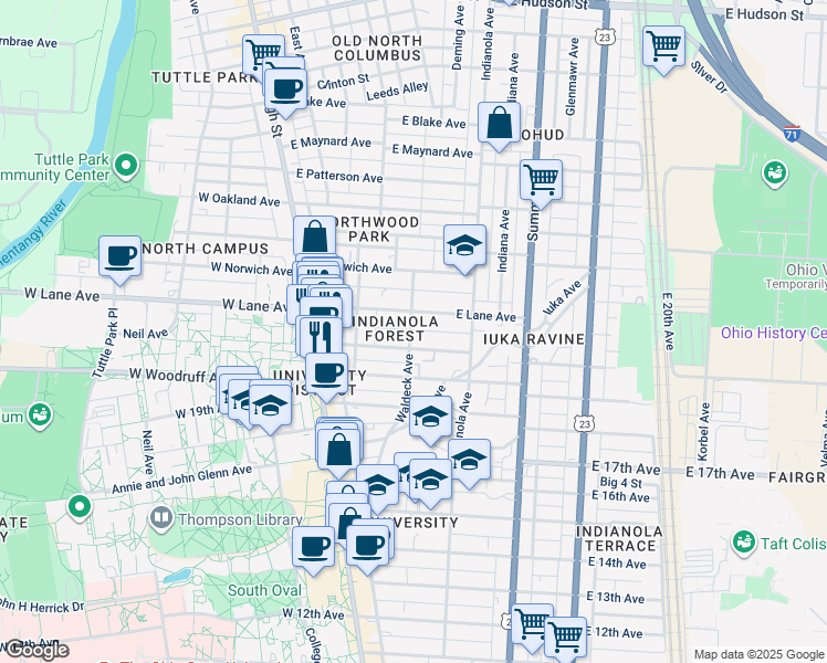 map of restaurants, bars, coffee shops, grocery stores, and more near in Columbus