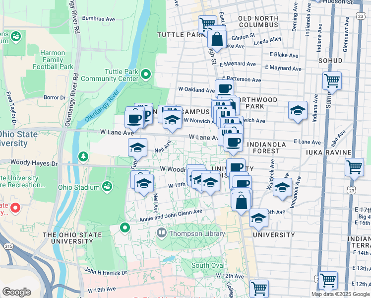 map of restaurants, bars, coffee shops, grocery stores, and more near 146 West Woodruff Avenue in Columbus
