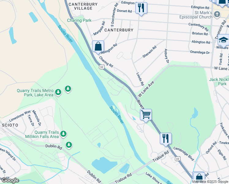 map of restaurants, bars, coffee shops, grocery stores, and more near 2550 Shore Line Lane in Columbus