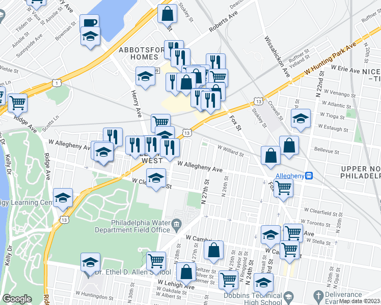 map of restaurants, bars, coffee shops, grocery stores, and more near 3231 North Newkirk Street in Philadelphia