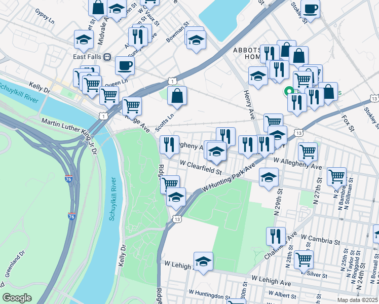 map of restaurants, bars, coffee shops, grocery stores, and more near 3403 West Lippincott Street in Philadelphia