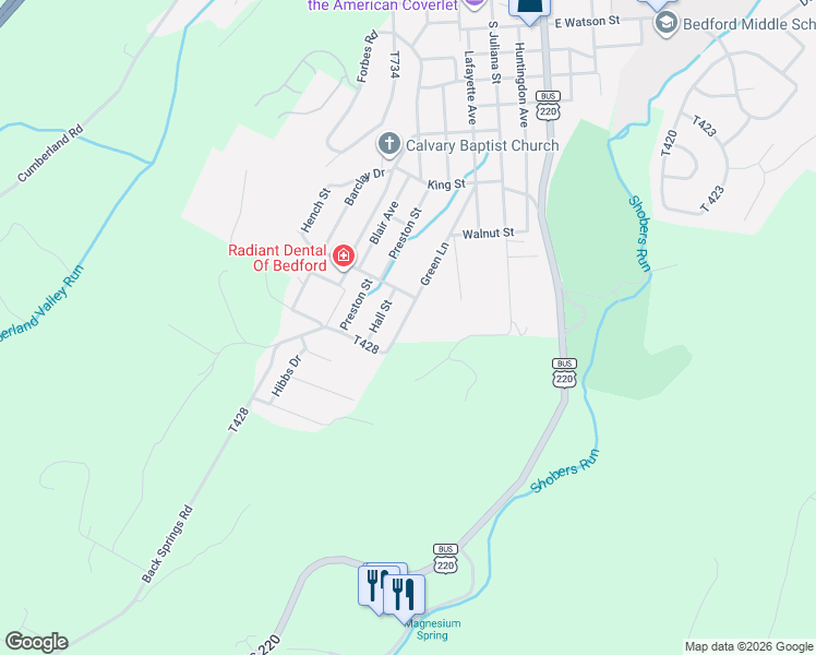 map of restaurants, bars, coffee shops, grocery stores, and more near 803-805 Green Lane in Bedford