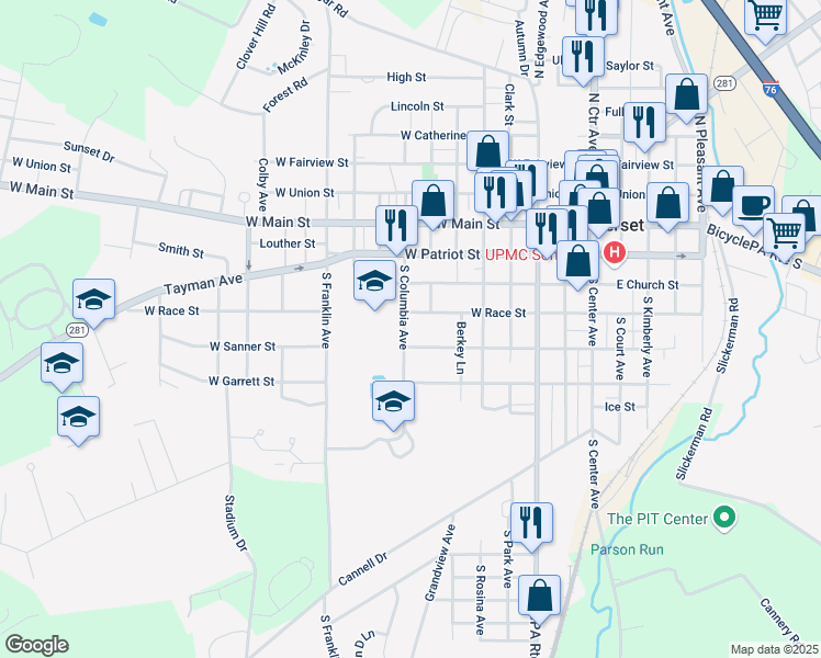 map of restaurants, bars, coffee shops, grocery stores, and more near 442 South Columbia Avenue in Somerset