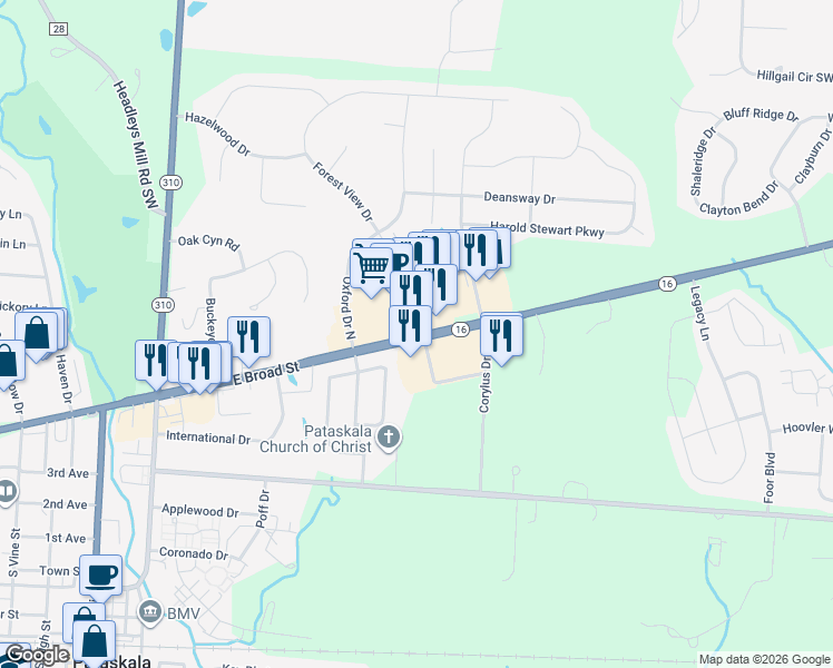 map of restaurants, bars, coffee shops, grocery stores, and more near 9285 Ohio 16 in Pataskala