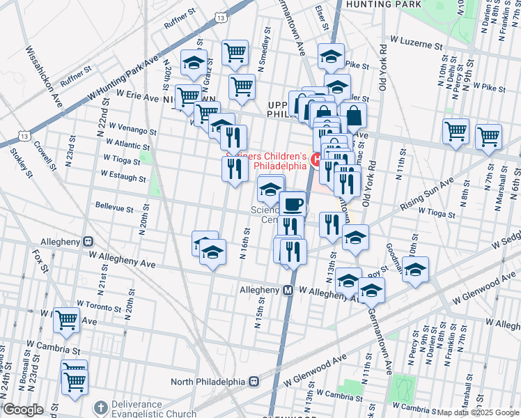 map of restaurants, bars, coffee shops, grocery stores, and more near 3410 North Sydenham Street in Philadelphia
