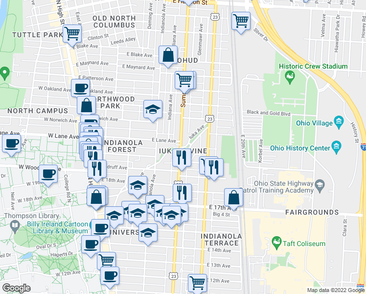 map of restaurants, bars, coffee shops, grocery stores, and more near 2099 Iuka Avenue in Columbus
