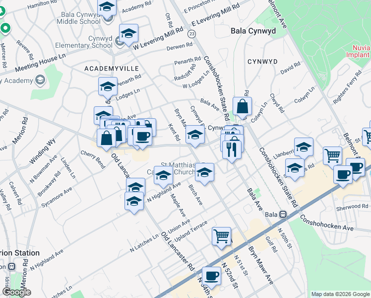 map of restaurants, bars, coffee shops, grocery stores, and more near 111 Summit Lane in Bala Cynwyd