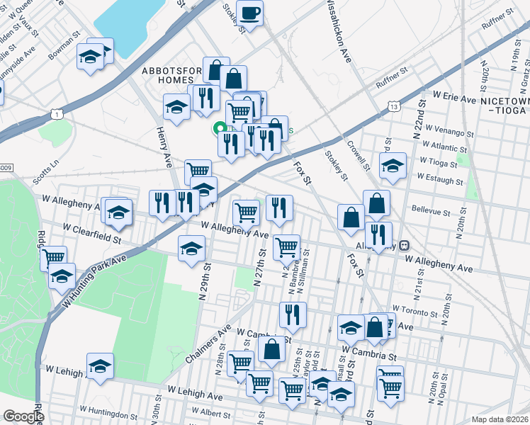 map of restaurants, bars, coffee shops, grocery stores, and more near 3223 North Etting Street in Philadelphia