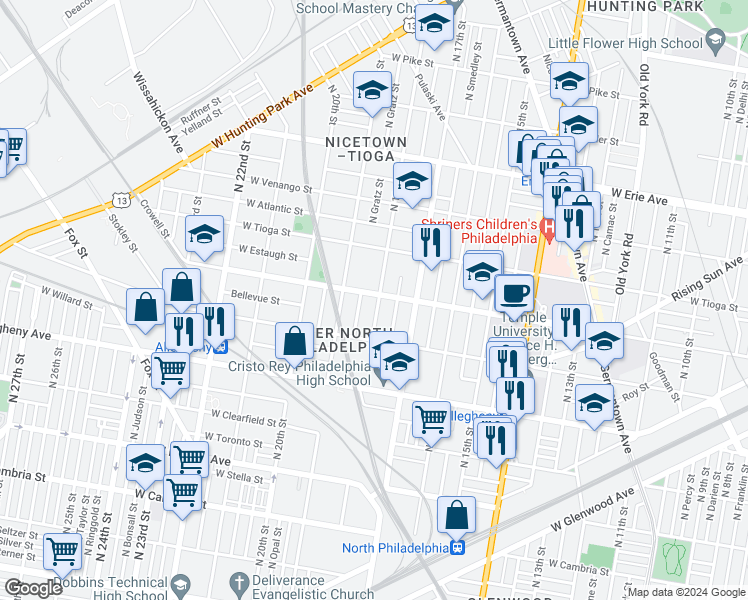 map of restaurants, bars, coffee shops, grocery stores, and more near 1802 West Ontario Street in Philadelphia