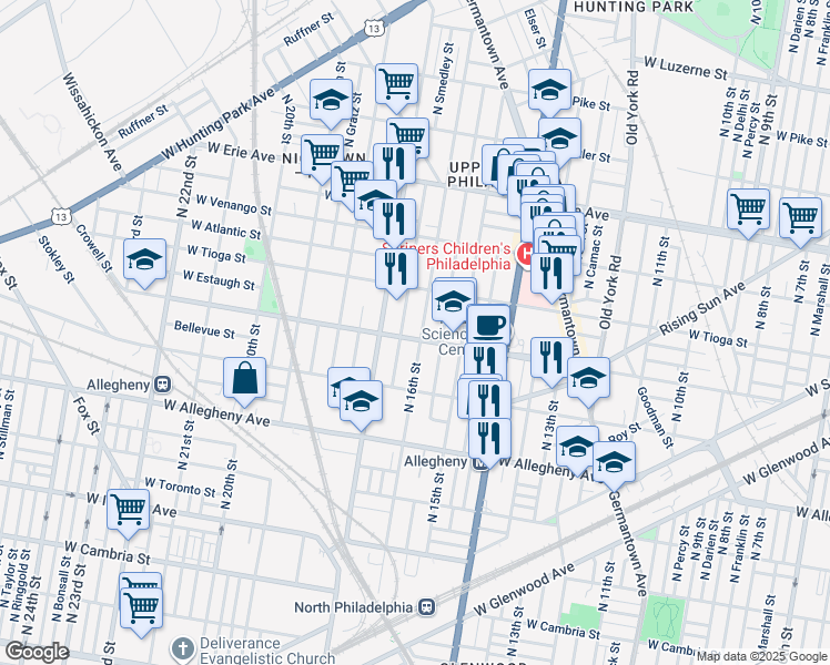 map of restaurants, bars, coffee shops, grocery stores, and more near 3406 North 16th Street in Philadelphia