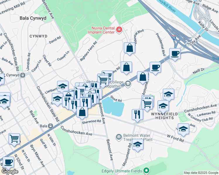 map of restaurants, bars, coffee shops, grocery stores, and more near 225 U.S. 1 in Bala Cynwyd