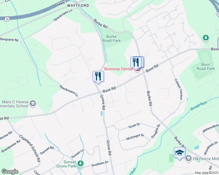 map of restaurants, bars, coffee shops, grocery stores, and more near 455 West Boot Road in West Chester