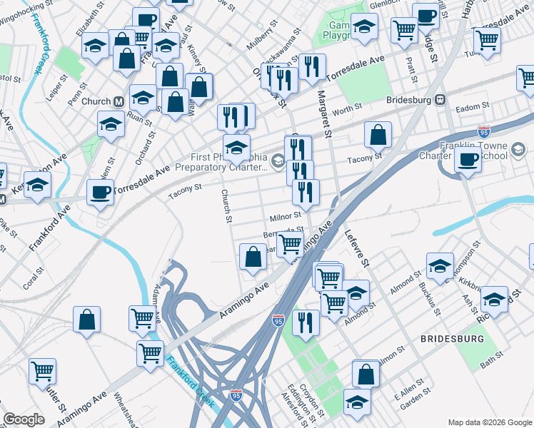 map of restaurants, bars, coffee shops, grocery stores, and more near 4537 Milnor Street in Philadelphia