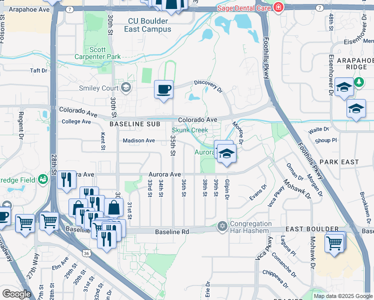 map of restaurants, bars, coffee shops, grocery stores, and more near 990 36th Street in Boulder